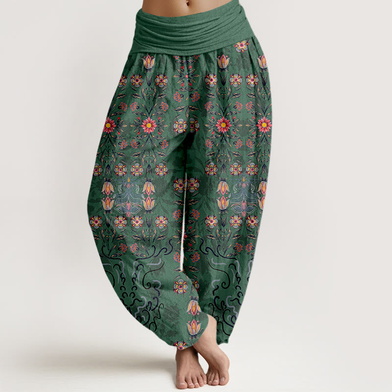 Buddha Stones Pure Cotton Blooming Multicolored Floral Women's Elastic Waist Harem Pants - MediumSeaGreen - US16，UK/AU20，EU48 (3XL) - image 0