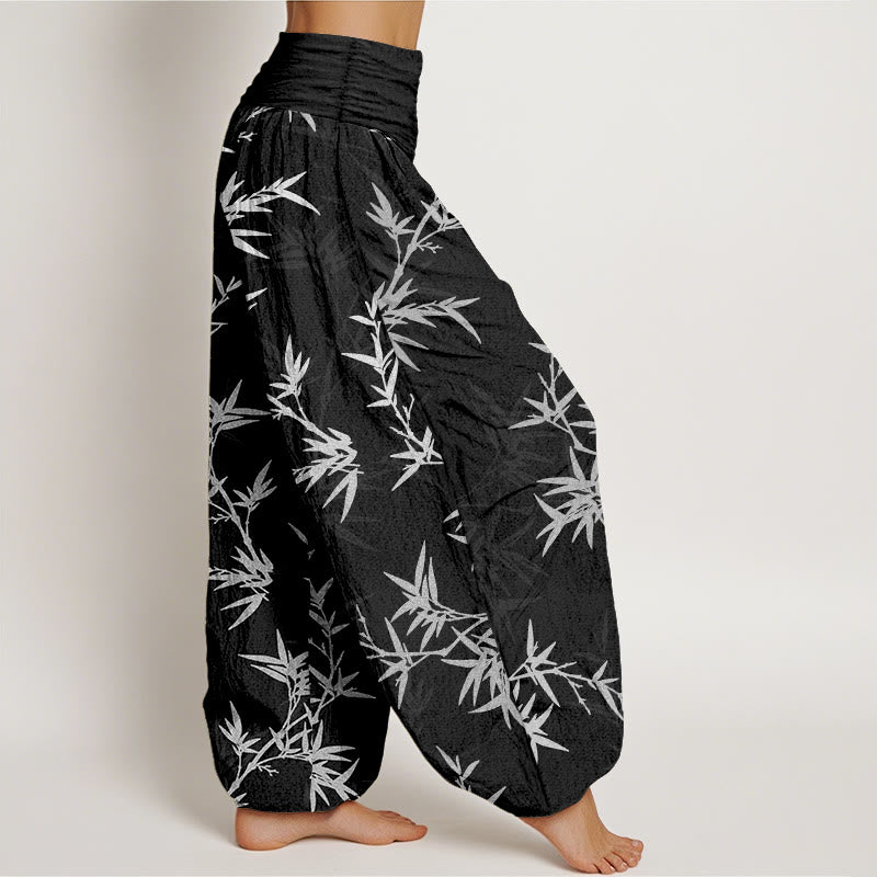 Buddha Stones Pure Cotton White Bamboo Leaves Women's Elastic Waist Harem Pants - image 2