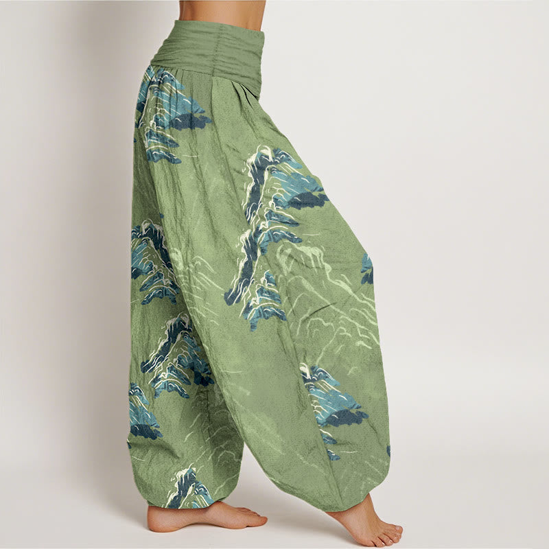 Buddha Stones Pure Cotton Vivid Emerald-green Mountains Women's Elastic Waist Harem Pants - image 7