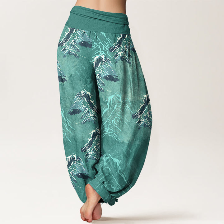 Buddha Stones Pure Cotton Vivid Emerald-green Mountains Women's Elastic Waist Harem Pants - image 9