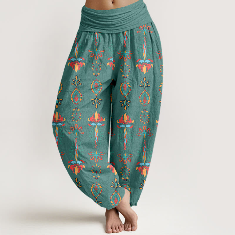 Buddha Stones Pure Cotton Colorful Lotus Flowers Green Leaves Geometric Women's Elastic Waist Harem Pants - MediumAquamarine - US16，UK/AU20，EU48 (3XL) - image 0