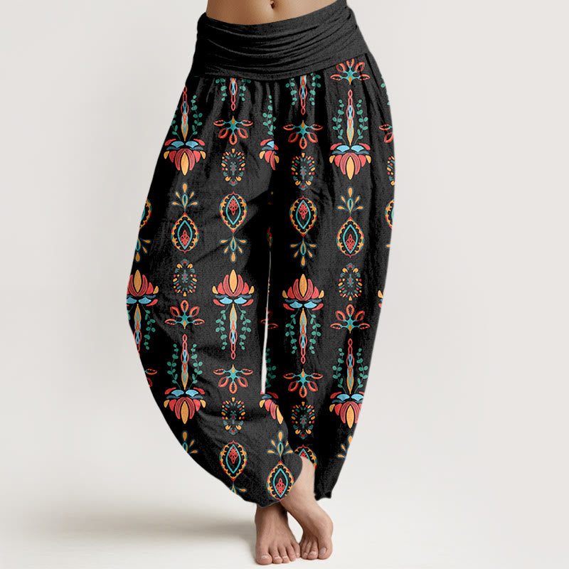 Buddha Stones Pure Cotton Colorful Lotus Flowers Green Leaves Geometric Women's Elastic Waist Harem Pants - Black - US16，UK/AU20，EU48 (3XL) - image 5