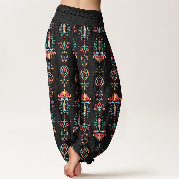 Buddha Stones Pure Cotton Colorful Lotus Flowers Green Leaves Geometric Women's Elastic Waist Harem Pants - image 6