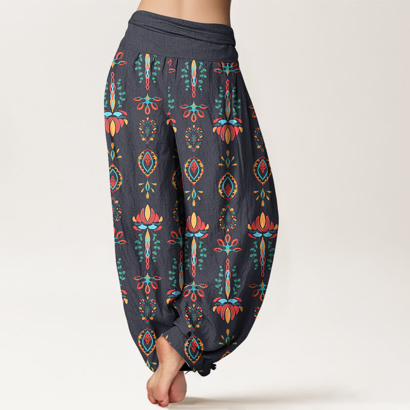 Buddha Stones Pure Cotton Colorful Lotus Flowers Green Leaves Geometric Women's Elastic Waist Harem Pants - image 9