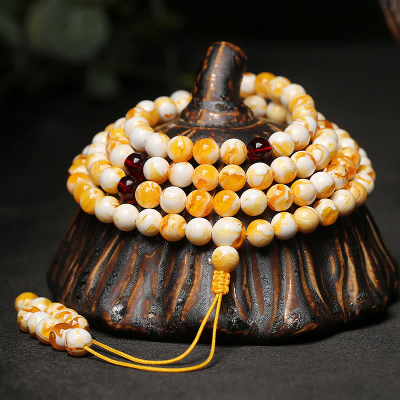 Buddha Stones Tibetan White Yellow 108 Beads Amber Mala - image 0