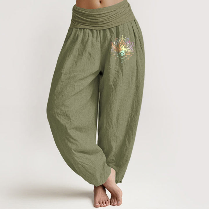 Buddha Stones Pure Cotton Rainbow-colored Lotus Pattern Women's Elastic Waist Harem Pants - OliveDrab - US22，UK/AU26，EU54 (6XL) - image 14