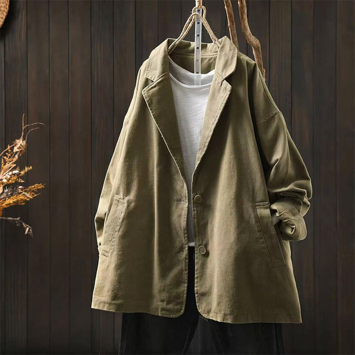 Buddha Stones Spring Fall Buttons Lapel Collar Long Sleeve Mid-length Cotton Women's Jacket With Pockets - DarkKhaki - US4-8/10，UK/AU8-12/14，EU36-40/42 (F) - image 24