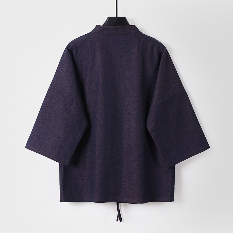 Buddha Stones Solid Lace-up Open Front Three Quarter Sleeve Jacket Men's Denim Cotton Kimono - image 2