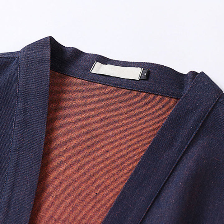 Buddha Stones Solid Lace-up Open Front Three Quarter Sleeve Jacket Men's Denim Cotton Kimono - image 3