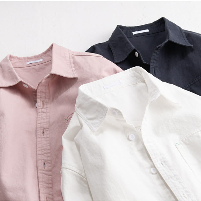 Buddha Stones Solid Buttons Down Decorative Pocket Men's Stand Collar Long Sleeve Cotton Shirt - image 20