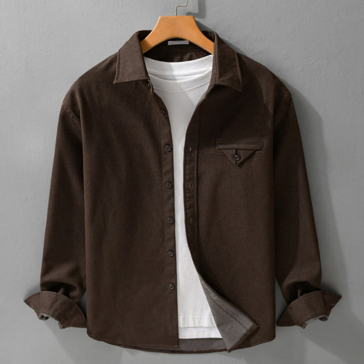 Buddha Stones Fall Solid Buttons Down Men's Stand Collar Long Sleeve Cotton Shirt - SaddleBrown - US/UK/AU42，EU52 (3XL) - image 0