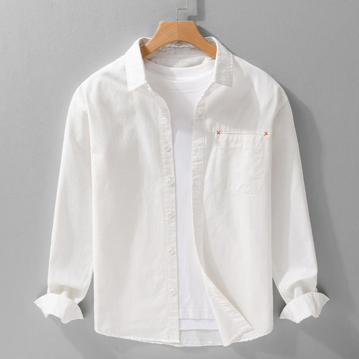 Buddha Stones Spring Solid Buttons Down Decorative Pocket Men's Stand Collar Long Sleeve Cotton Shirt - White - US/UK/AU42，EU52 (3XL) - image 18