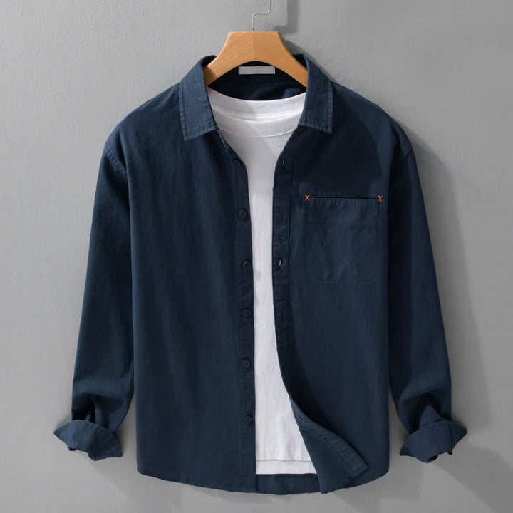 Buddha Stones Spring Solid Buttons Down Decorative Pocket Men's Stand Collar Long Sleeve Cotton Shirt - MidnightBlue - US/UK/AU42，EU52 (3XL) - image 14