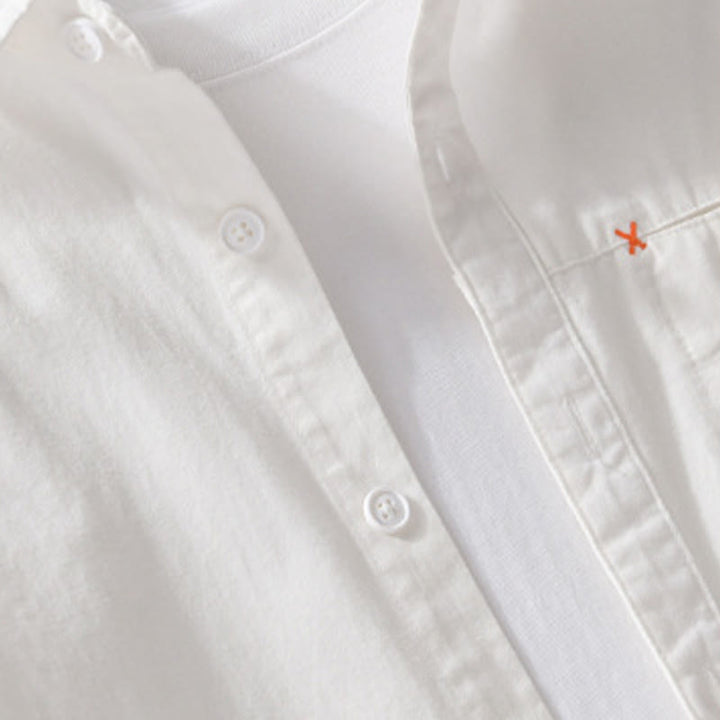 Buddha Stones Spring Solid Buttons Down Decorative Pocket Men's Stand Collar Long Sleeve Cotton Shirt - image 20