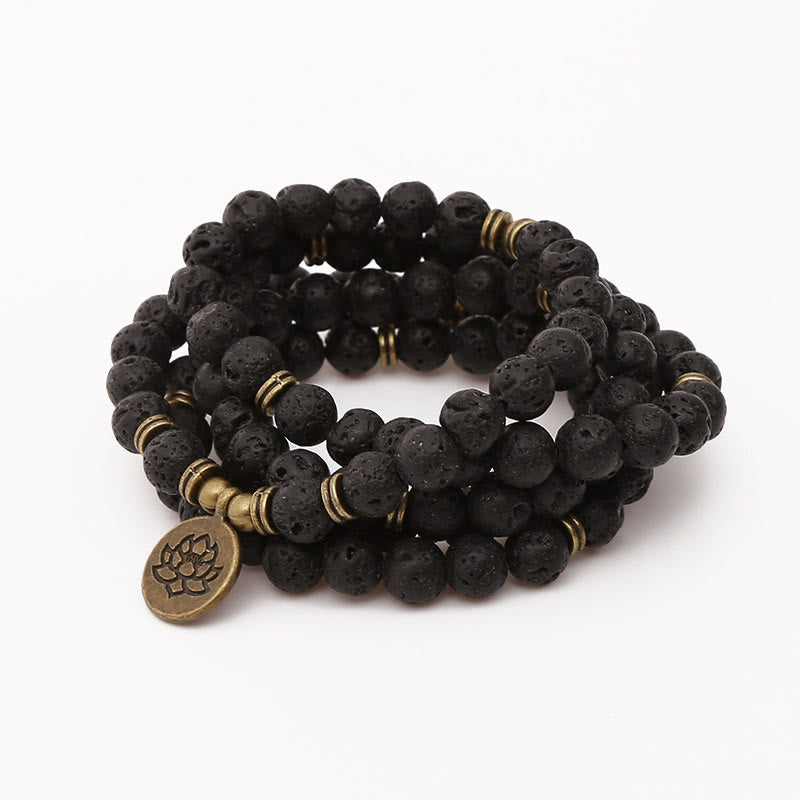Buddha Stones Retro Lotus Symbol Charm Lava Rock Bead Healing New Beginning Mala - Lava Rock - image 1