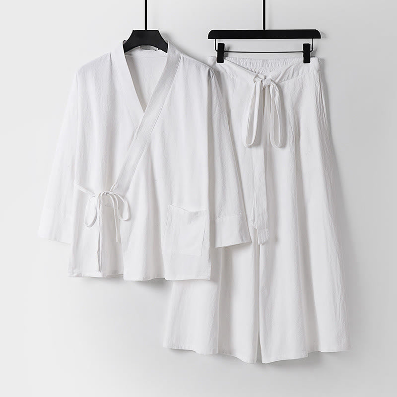 Buddha Stones 2Pcs Fall Lace-up Cotton Kimono Ankle-Length Wide Leg Pants With Pockets Men's Meditation Cloth Set - White - US/UK/AU54，EU64 (9XL) - image 17