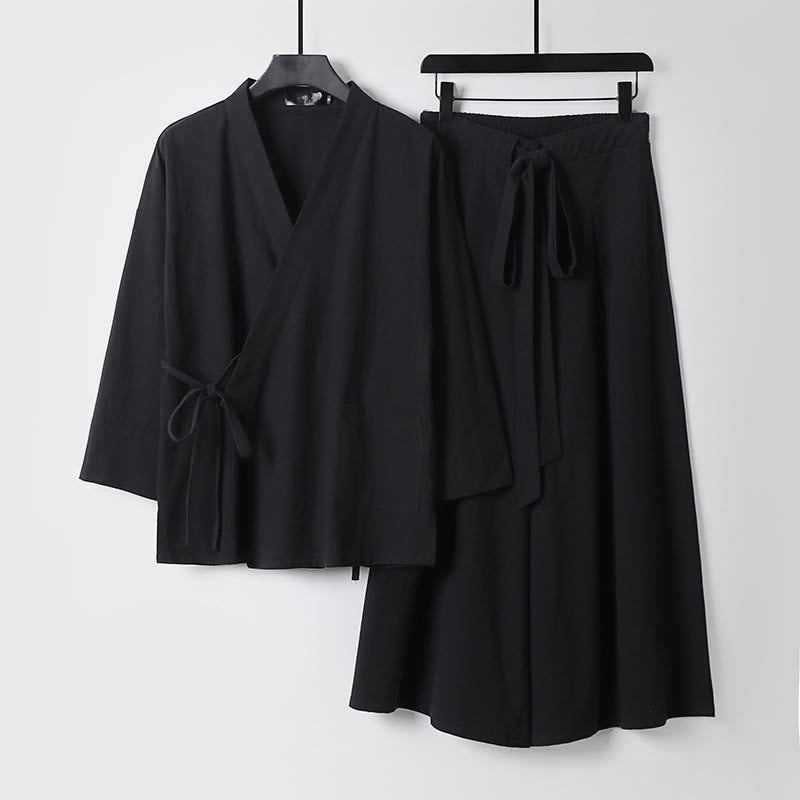 Buddha Stones 2Pcs Fall Lace-up Cotton Kimono Ankle-Length Wide Leg Pants With Pockets Men's Meditation Cloth Set - Black - US/UK/AU54，EU64 (9XL) - image 4