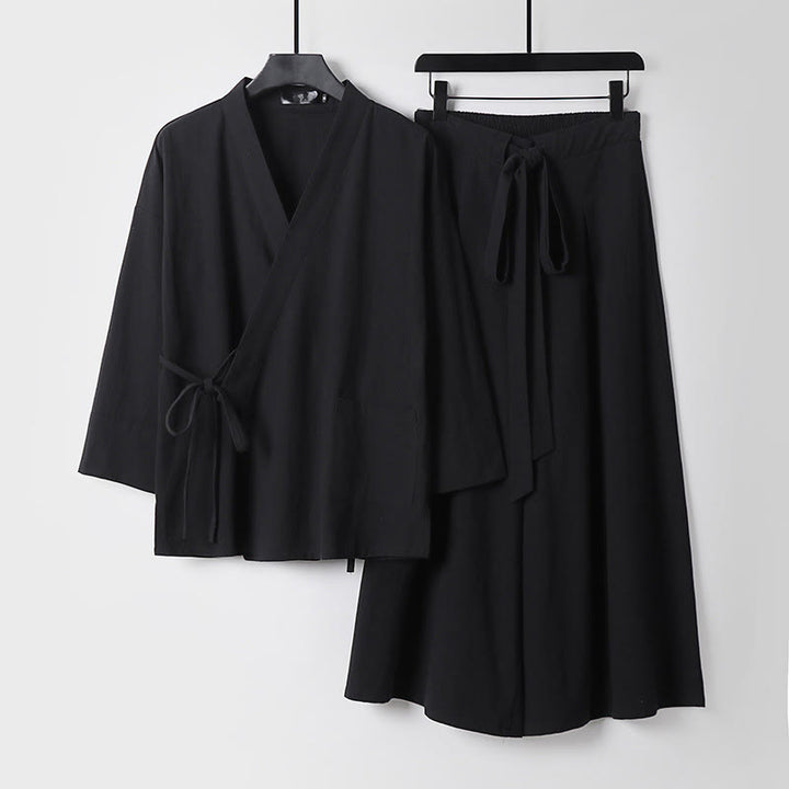 Buddha Stones 2Pcs Fall Lace-up Cotton Kimono Ankle-Length Wide Leg Pants With Pockets Men's Meditation Cloth Set - Black - US/UK/AU54，EU64 (9XL) - image 4