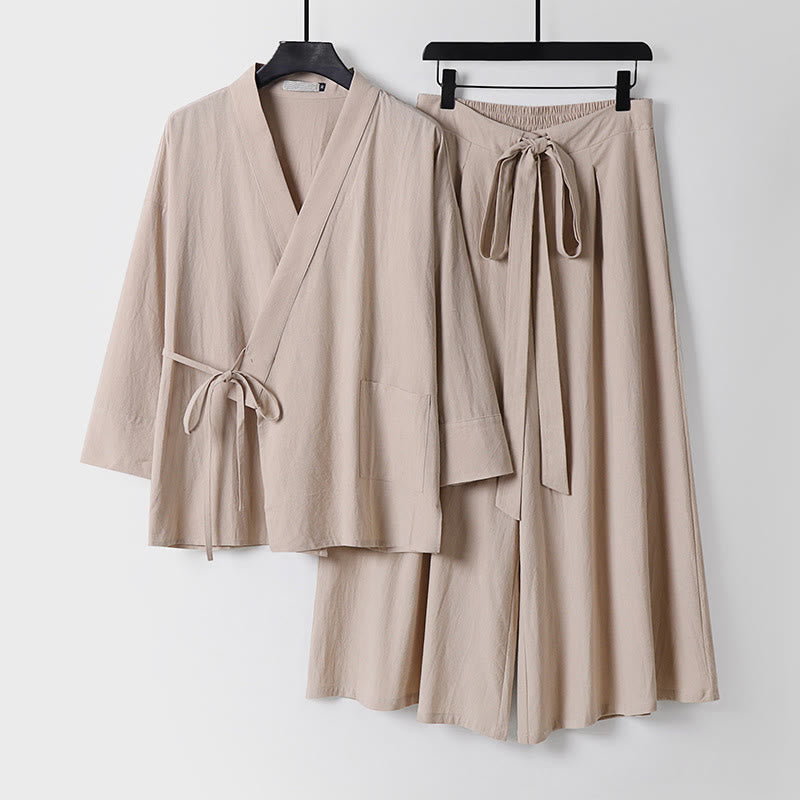 Buddha Stones 2Pcs Fall Lace-up Cotton Kimono Ankle-Length Wide Leg Pants With Pockets Men's Meditation Cloth Set - Beige - US/UK/AU54，EU64 (9XL) - image 12