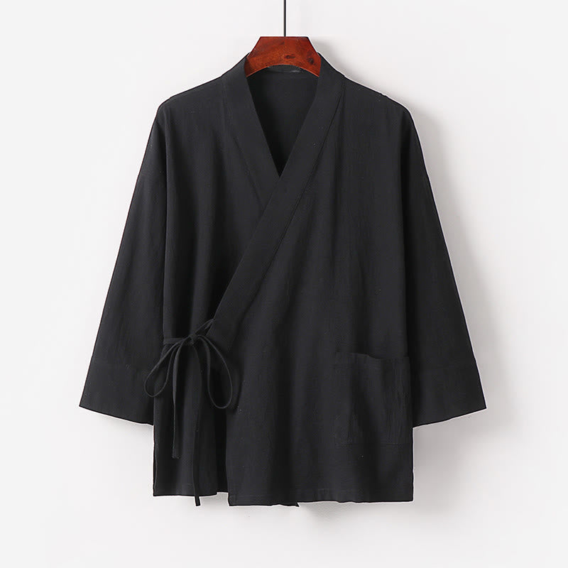 Buddha Stones 2Pcs Fall Lace-up Cotton Kimono Ankle-Length Wide Leg Pants With Pockets Men's Meditation Cloth Set - image 6