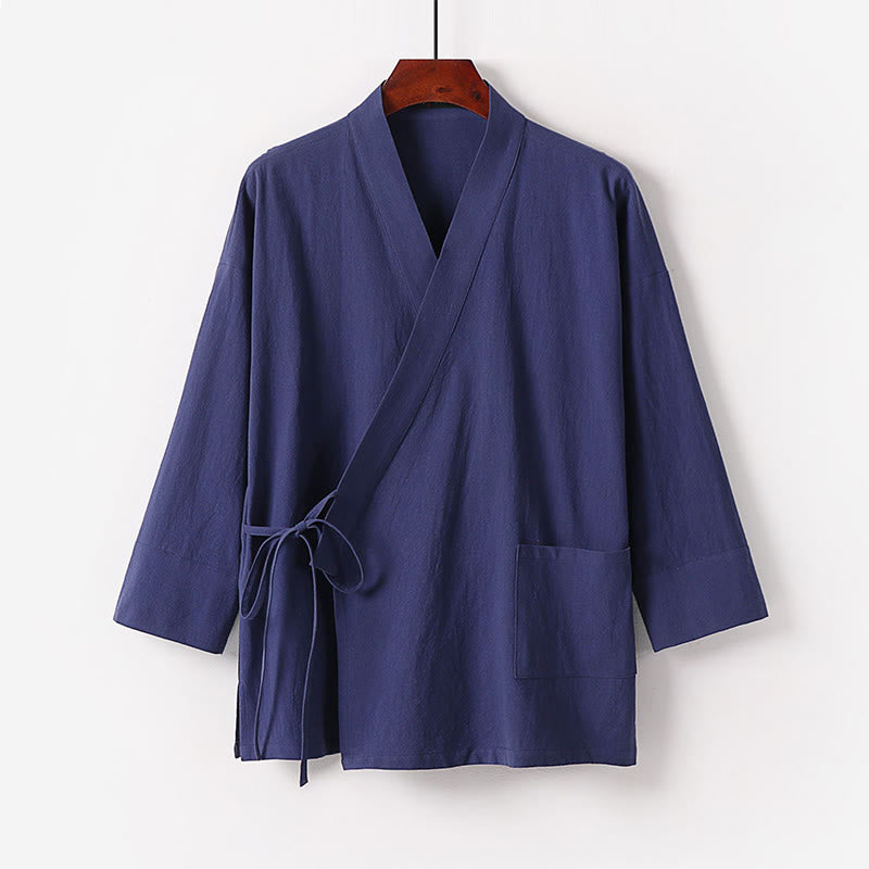 Buddha Stones 2Pcs Fall Lace-up Cotton Kimono Ankle-Length Wide Leg Pants With Pockets Men's Meditation Cloth Set - image 10