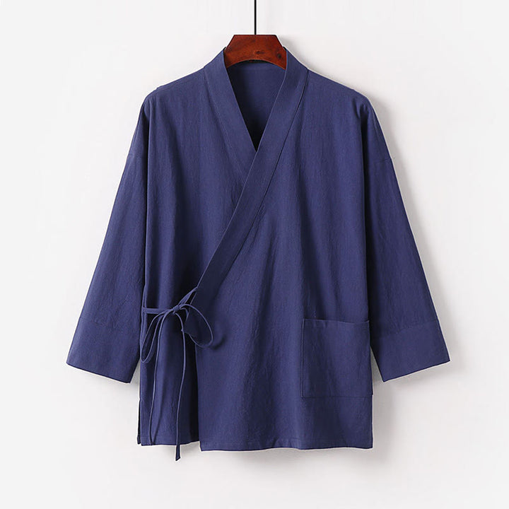 Buddha Stones 2Pcs Fall Lace-up Cotton Kimono Ankle-Length Wide Leg Pants With Pockets Men's Meditation Cloth Set - image 10