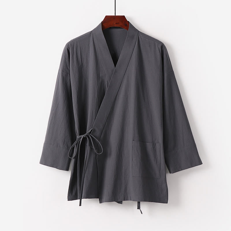 Buddha Stones 2Pcs Fall Lace-up Cotton Kimono Ankle-Length Wide Leg Pants With Pockets Men's Meditation Cloth Set - image 2