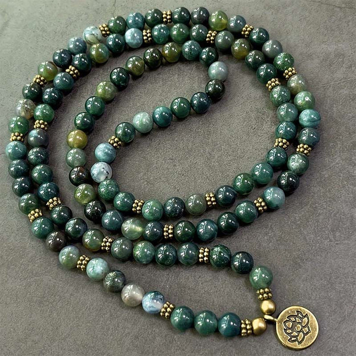 Buddha Stones Lotus Symbol Charm Round Bead Moss Agate Healing Mala - Moss Agate - 8mm - image 0