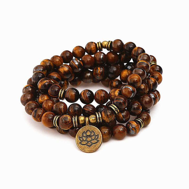 Buddha Stones Lotus Symbol Tiger Eye Beaded Strength Mala - Tiger Eye - 8mm - image 0