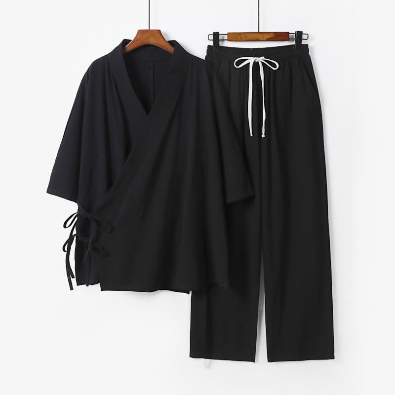 Buddha Stones 2Pcs Fall Lace-up Three Quarter Sleeve Cotton Kimono Drawstring Pants With Pockets Men's Meditation Cloth Set - Black - US/UK/AU54，EU64 (9XL) - image 4