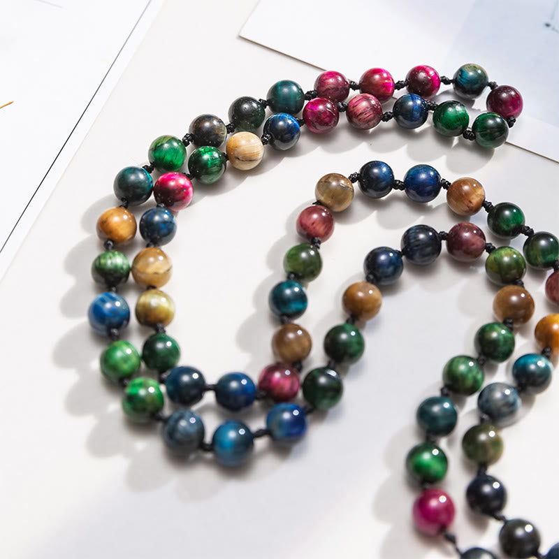 Buddha Stones Multicolored Yellow Tiger Eye Green Tiger Eye Blue Tiger Eye Red Tiger Eye Beaded Tassel Strength Mala - image 1