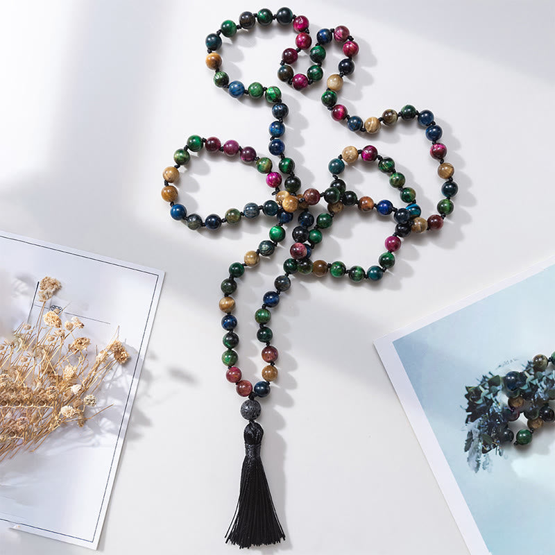 Buddha Stones Multicolored Yellow Tiger Eye Green Tiger Eye Blue Tiger Eye Red Tiger Eye Beaded Tassel Strength Mala - Tiger Eye - image 0