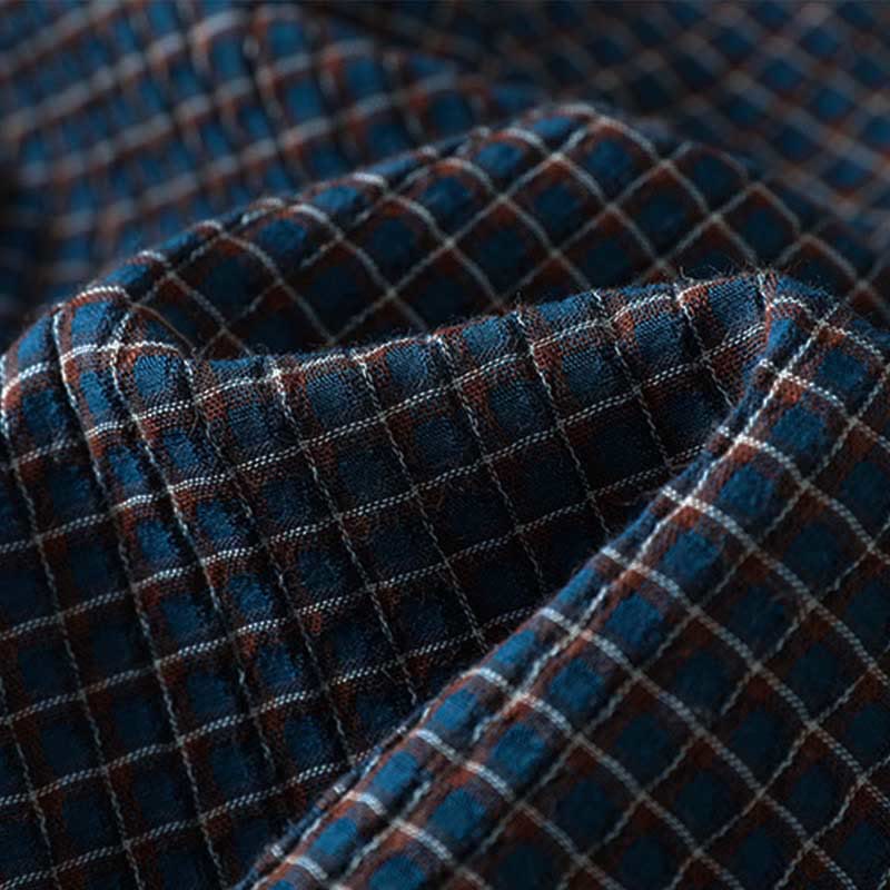 Buddha Stones Fall Blue Plaid V-Neck Buttons Design Women's Cotton Long Sleeve Shirt - image 10