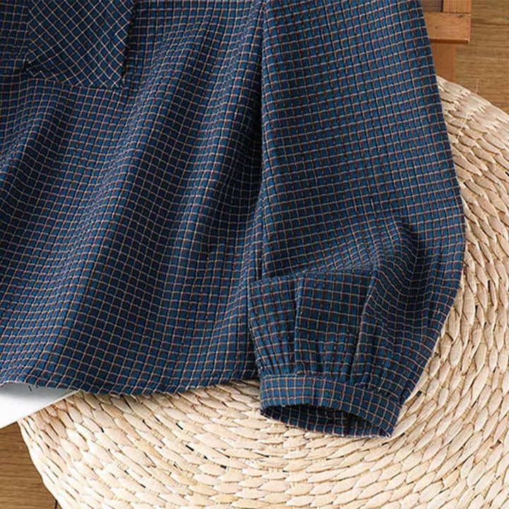 Buddha Stones Fall Blue Plaid V-Neck Buttons Design Women's Cotton Long Sleeve Shirt - image 8