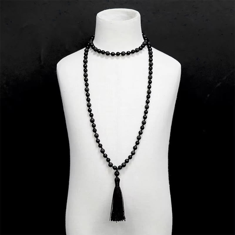 Buddha Stones 8mm Beads Black Onyx Lava Rock Tassel Protection Fortune Mala - image 5