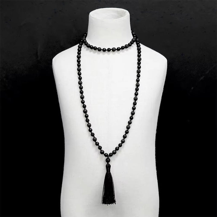 Buddha Stones 8mm Beads Black Onyx Lava Rock Tassel Protection Fortune Mala - image 5