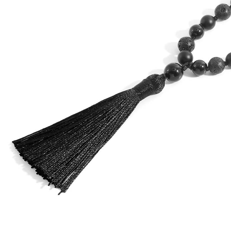 Buddha Stones 8mm Beads Black Onyx Lava Rock Tassel Protection Fortune Mala - image 4