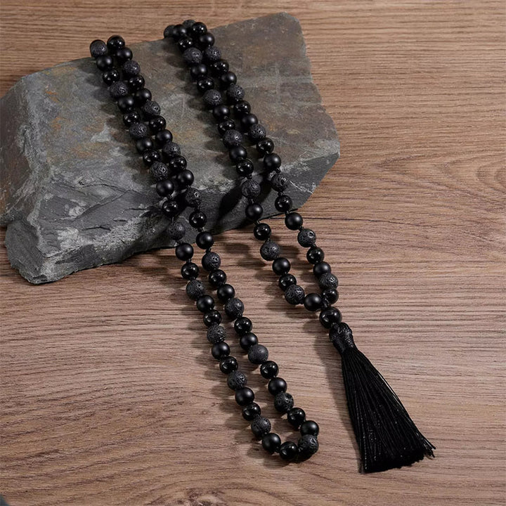 Buddha Stones 8mm Beads Black Onyx Lava Rock Tassel Protection Fortune Mala - image 0
