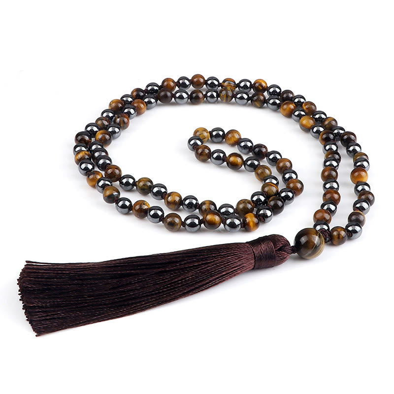 Buddha Stones 108 Beads Tiger Eye Hematite Tassel Courage Strength Mala - Tiger Eye&Hematite - image 0