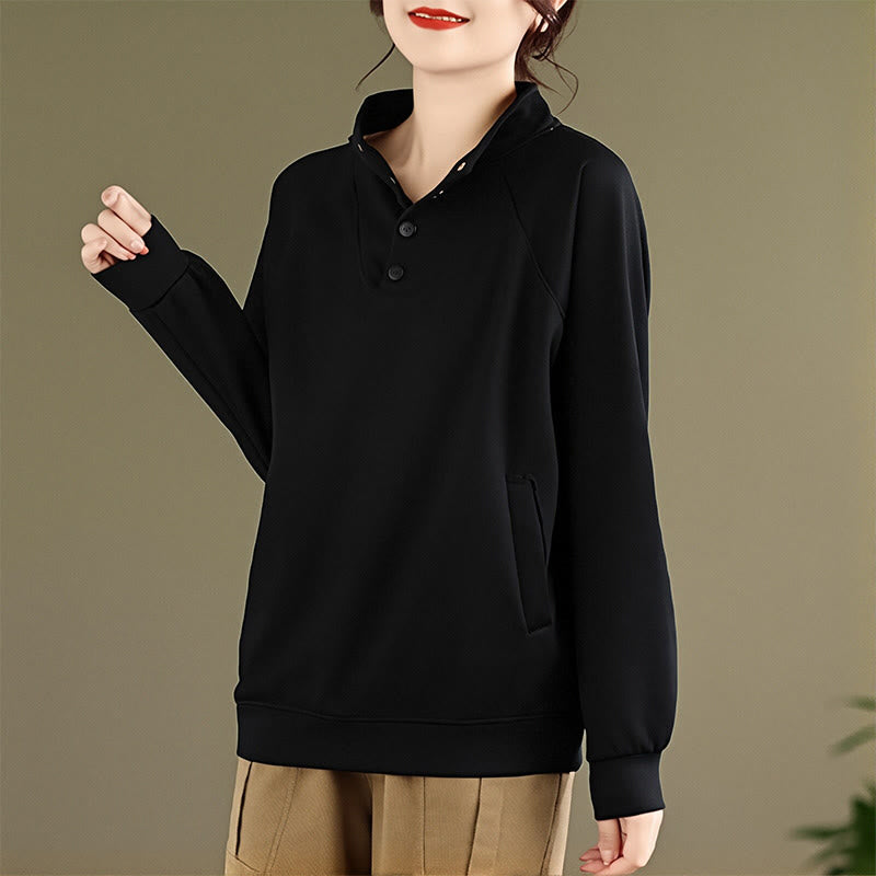 Buddha Stones Fall Solid Stand Collar Buttons Design Long Sleeve Women's Cotton Sweatshirt - image 2
