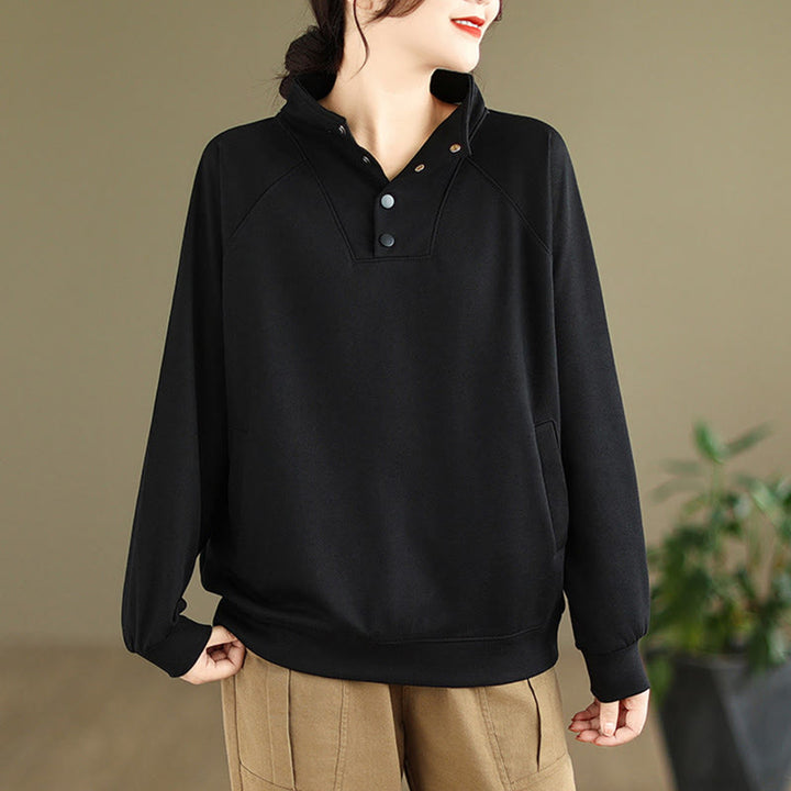 Buddha Stones Fall Solid Stand Collar Buttons Design Long Sleeve Women's Cotton Sweatshirt - Black - US8-10，UK/AU12-14，EU40-42 (2XL) - image 0