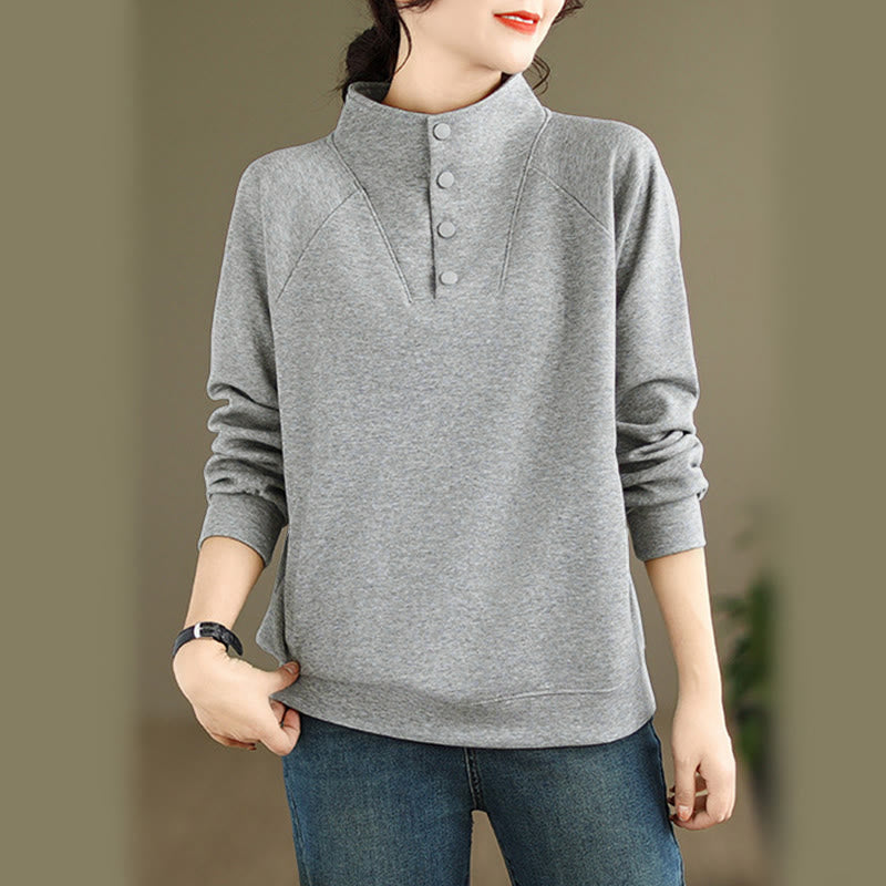 Buddha Stones Fall Solid Stand Collar Buttons Design Long Sleeve Women's Cotton Sweatshirt - LightGrey - US8-10，UK/AU12-14，EU40-42 (2XL) - image 5