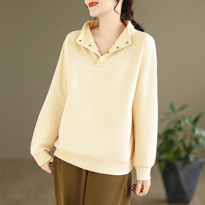 Buddha Stones Fall Solid Stand Collar Buttons Design Long Sleeve Women's Cotton Sweatshirt - Beige - US8-10，UK/AU12-14，EU40-42 (2XL) - image 10