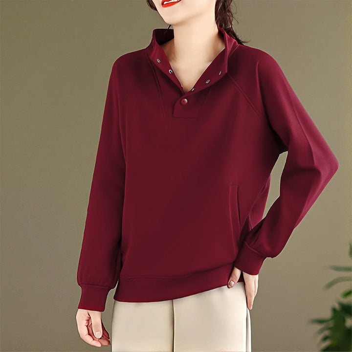 Buddha Stones Fall Solid Stand Collar Buttons Design Long Sleeve Women's Cotton Sweatshirt - image 34