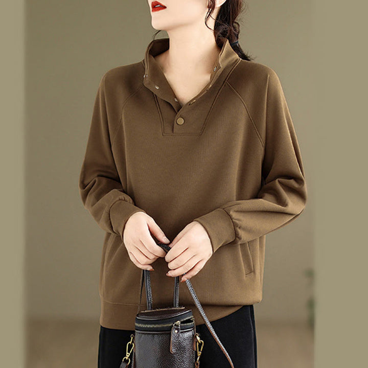 Buddha Stones Fall Solid Stand Collar Buttons Design Long Sleeve Women's Cotton Sweatshirt - image 30