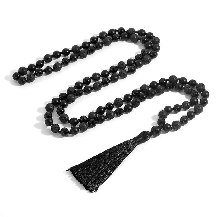 Buddha Stones 8mm Beads Black Onyx Lava Rock Tassel Protection Fortune Mala - Black Onyx&Lava Rock - image 1