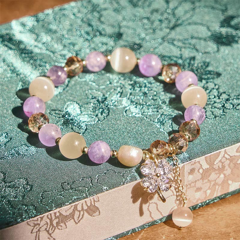 Buddha Stones Four Leaf Clover Amethyst Citrine Green Strawberry Quartz Rutilated Quartz Balance Bracelet - image 2