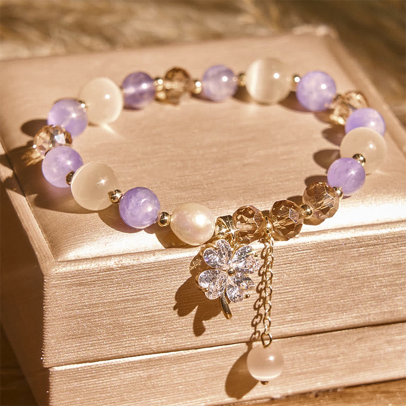 Buddha Stones Four Leaf Clover Amethyst Citrine Green Strawberry Quartz Rutilated Quartz Balance Bracelet - image 3