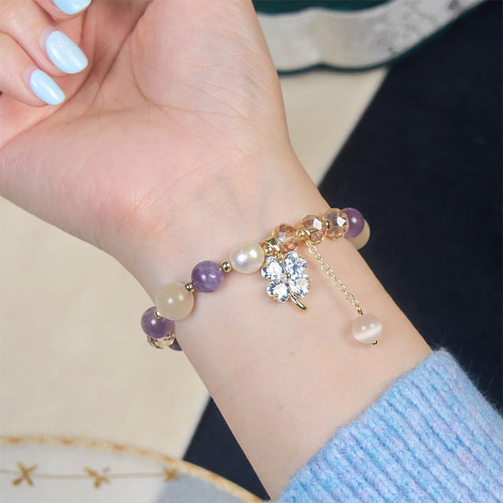 Buddha Stones Four Leaf Clover Amethyst Citrine Green Strawberry Quartz Rutilated Quartz Balance Bracelet - image 5