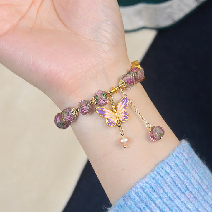 Buddha Stones Double Butterflies Charm Flower Liuli Glass Beaded Love Bracelet - image 5